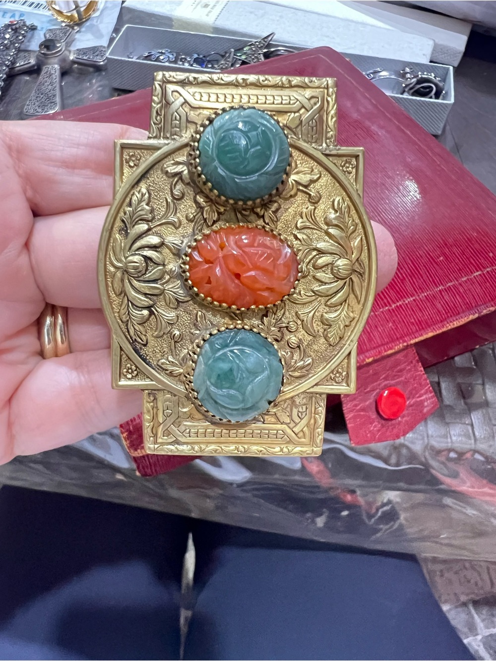 Vintage-Style Gold Tone bracelet with Green and Orange Cabochons